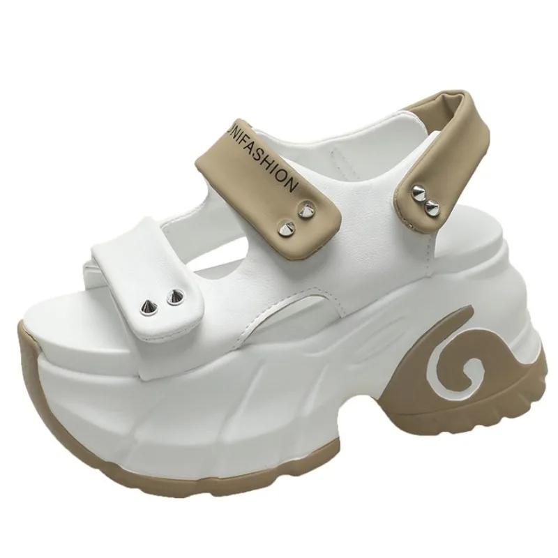 Fashion Women Leisure Chunky Platform Sandals Peep Toe High Heels New Gladiator Slippers Woman Trendy Summer Leather Beach Sandals 8.5CM