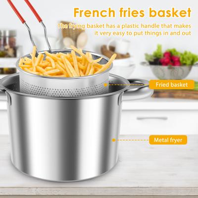 Oil Filter Pot Stainless Steel Oil Strainer Container with Frying Basket Lid Deep Fryer Multi-function Oil Fryer Pot for Kitchen