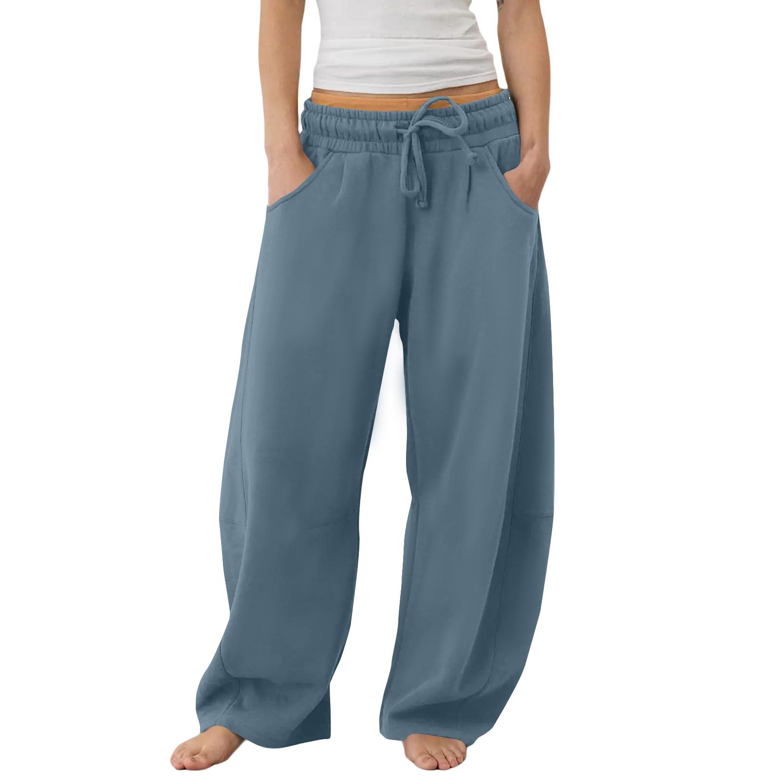 

Women s Barrel Leg Sweatpant Drawstring Elastic Waisted Wide Leg Pants Casual Cotton Palazzo Trousers With Pockets M синій