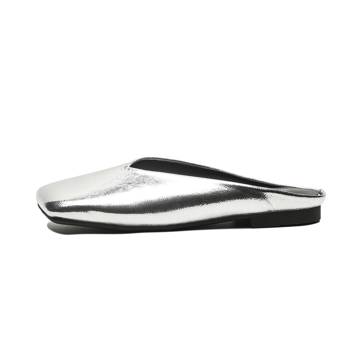 

мода 2024 Лето Женские уличные тапочки на плоской подошве Корейский стиль Модные мюли Мэри Джейн Женская повседневная обувь Большой размер 41-43 Бесплатная доставка 42 серебряный