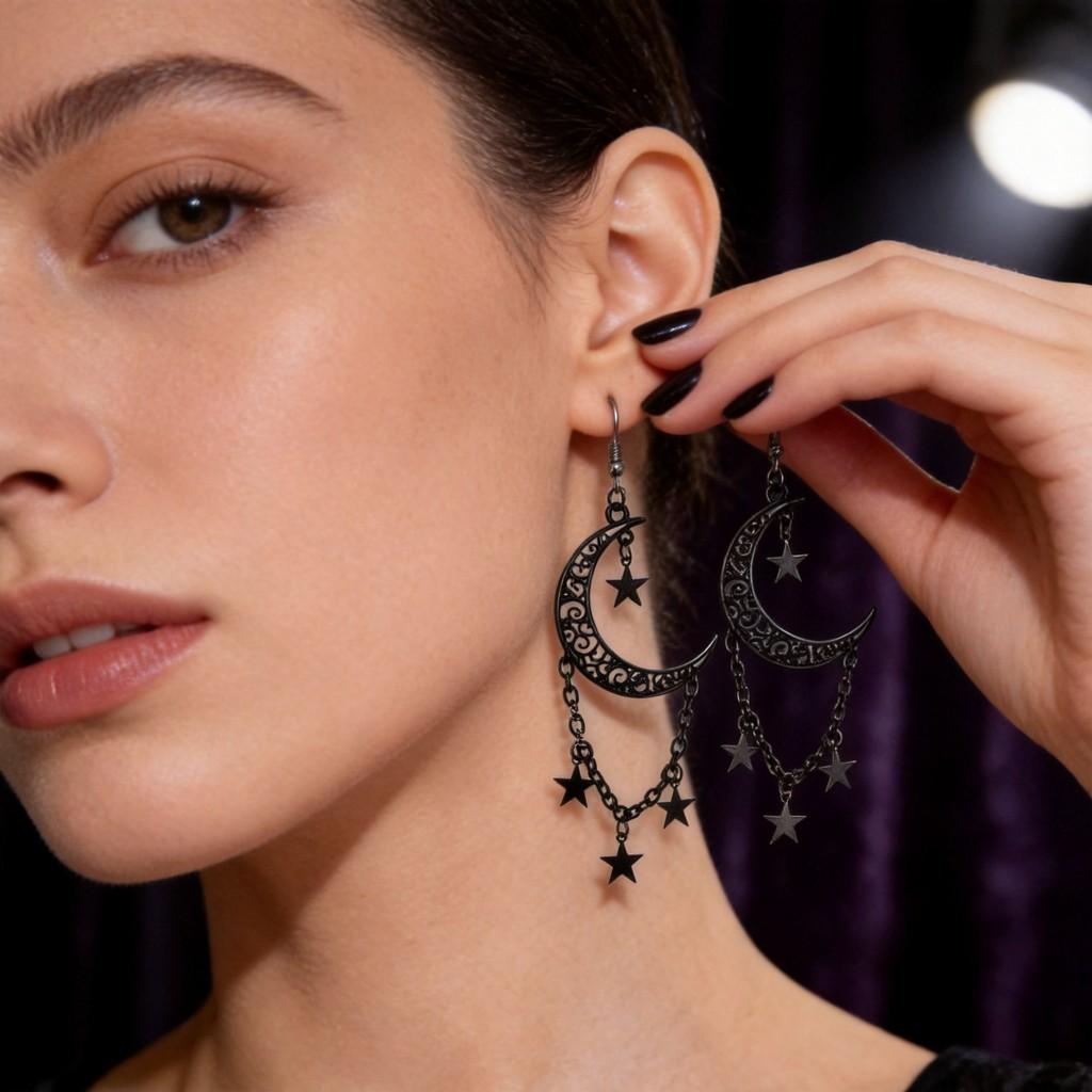Gothic Black Moon Star Chain Earrings With Vintage Bohemian Style For Women