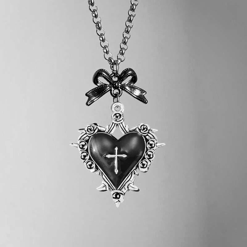 Collier Pendentif Cœur Croix Épineuse Géométrique Pour Femmes Unique Rétro Doux Nœud Papillon Chaîne de Clavicule Style Gothique Punk Bijoux Cadeau