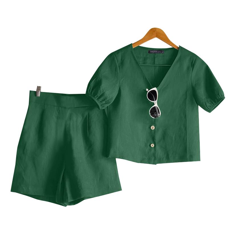 ZANZEA Women Short Sleeve Blouse and Shorts Summer Casual Two Piece Sets