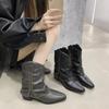 Large Size Pointed Square Heel Splicing Wind Rivet Fashion Boots Autumn and Winter New Mouth Wear Medium Tube Women's Boots