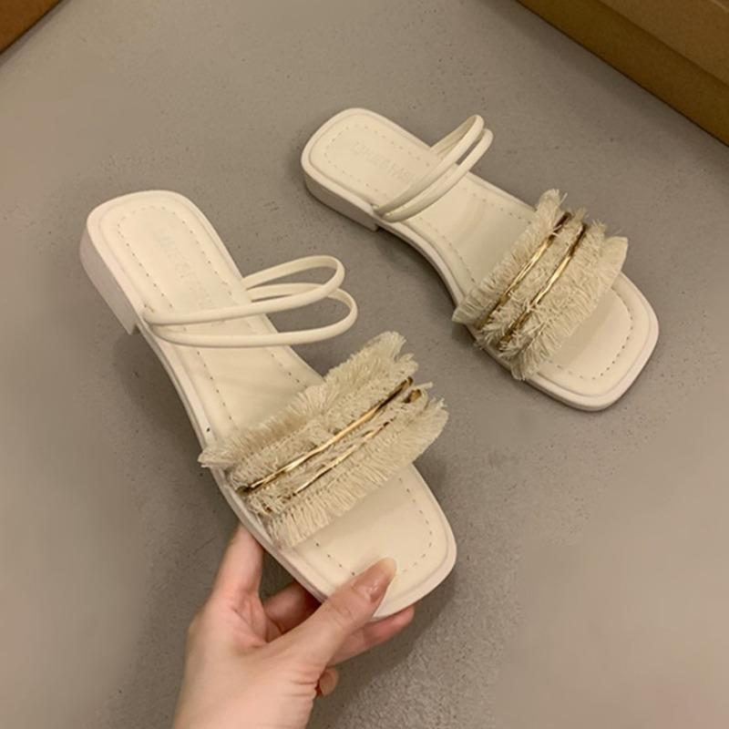 

Модные женские шлепанцы на каблуке с бахромой, модные туфли с квадратным носком, женские классические шлепанцы, летние новинки 2025, элегантные нарядные шлепанцы 40 бежевый