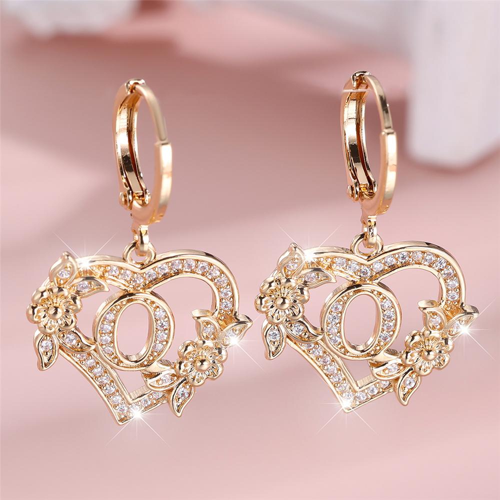 Vintage Hollow Love Heart Flower A-Z 26 Letters Hoop Earrings Yellow Gold Color White Zircon Earring Wedding Jewelry For Women