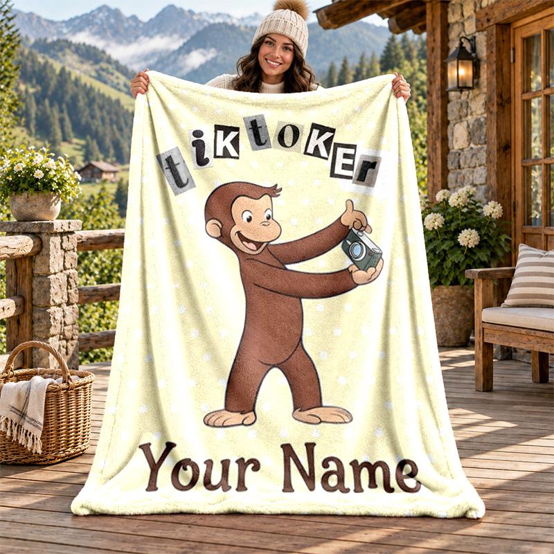 Curioso George Custom Name Flannel Blanket Personalized Soft Warm Plush Throw Blanket Customized Gift for Family Friends