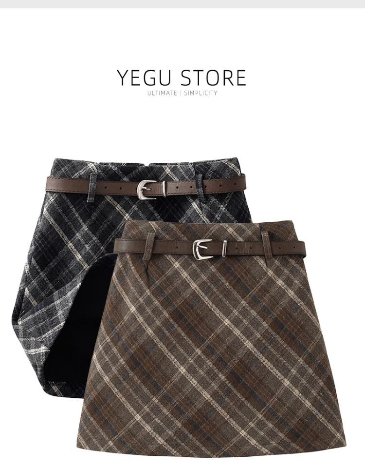 Women's High Waist Plaid Wool A-Line Skirt - Retro Style for Spring and Autumn