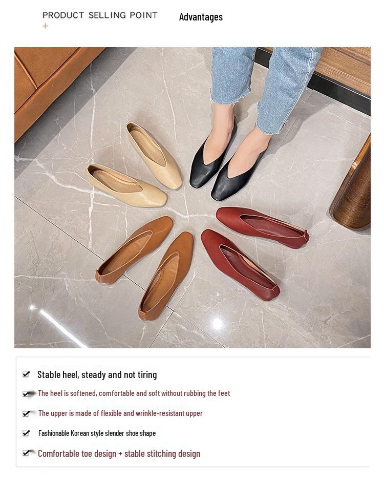 2026 Cowhide Soft Sole Women's Flats: Comfortable, Breathable, Low Heel Square Toe, Shallow Cut, No-Rub Design
