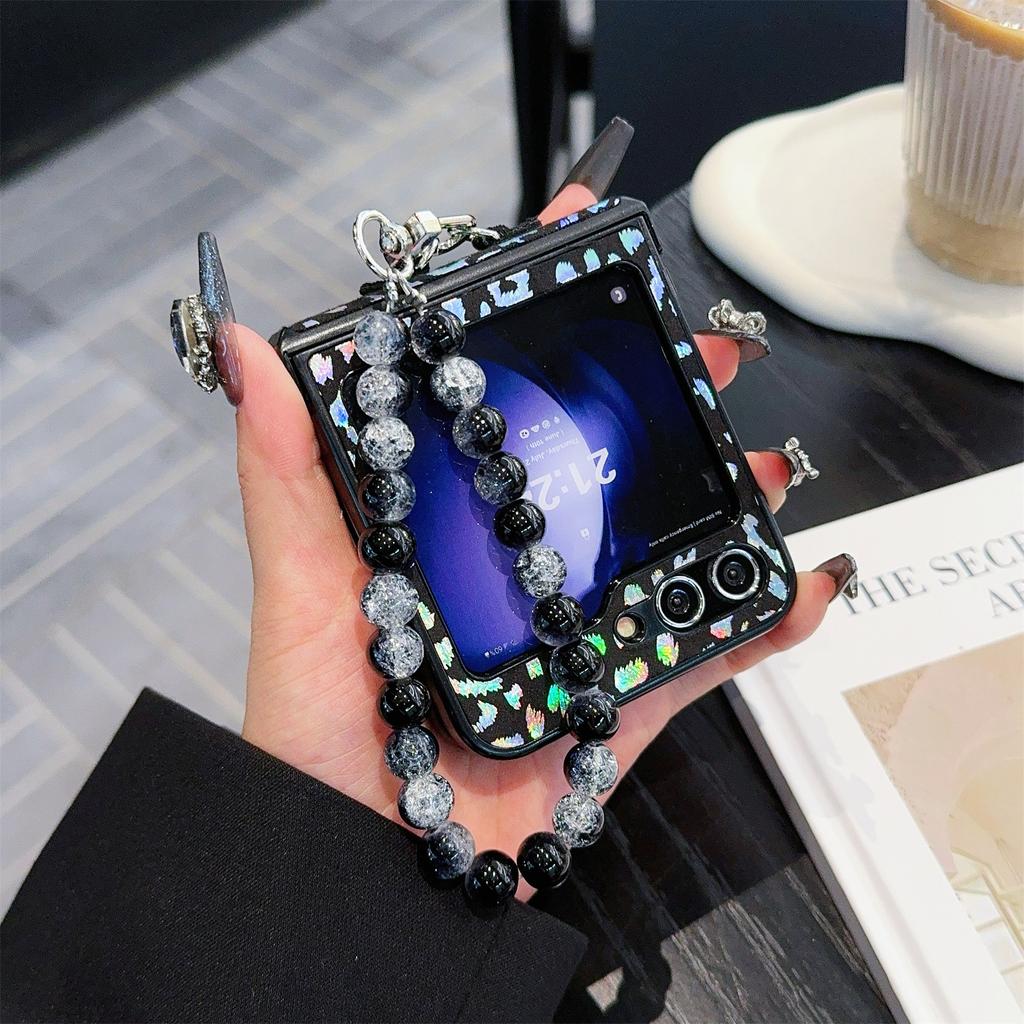 For Samsung Galaxy Z Flip7 FE 5G/Z Flip6 5G Case Leopard Print Leather+PC Phone Cover with Beaded Strap