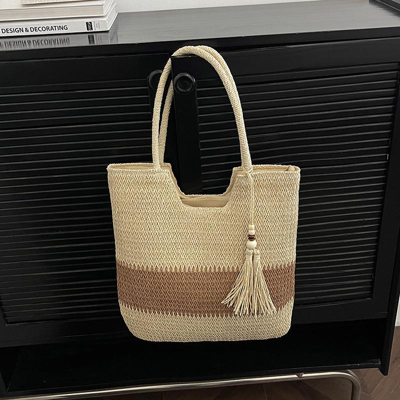 Mori Large-capacity Contrasting Color Splicing Woven Tote Bag Women's Niche Leisure Versatile Summer Vacation Shoulder Beach Bag