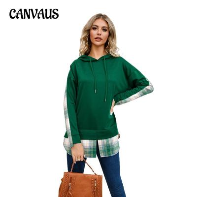 Plus Size Herbst und Winter Damen Sweatshirt Mode mit Kapuze Plaid Splicing Split Sweatshirt Langarm Bluse