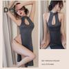 2 Pcs/Set Nightdress Panties Set High Split Hollow Out Sleeveless Backless Solid Color Qipao Style Cosplay G string Nightgown Set