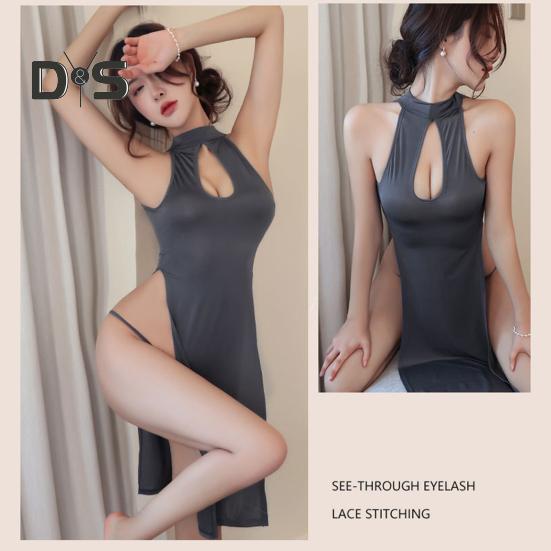 2 Pcs/Set Nightdress Panties Set High Split Hollow Out Sleeveless Backless Solid Color Qipao Style Cosplay G string Nightgown Set