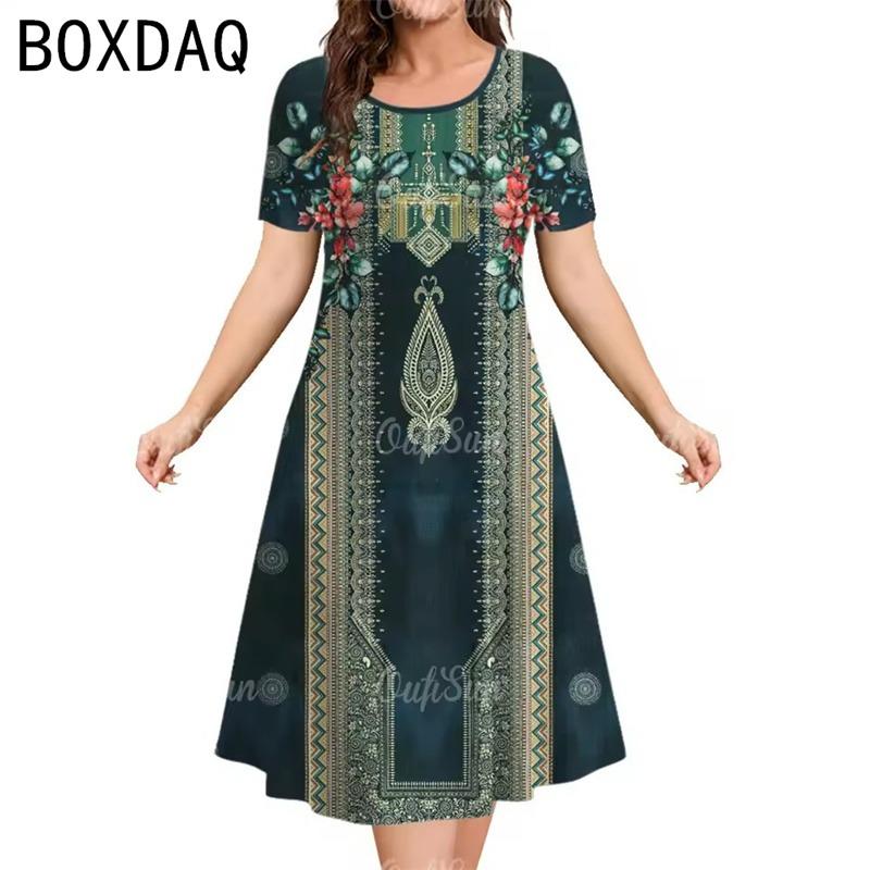 Damen Vintage Böhmisch Ethnisch Bedrucktes Kleid Sommer Große Größe Kurzarm Rundhals Lässiges Kleid Elegantes Damen Mini A-Linien Kleid