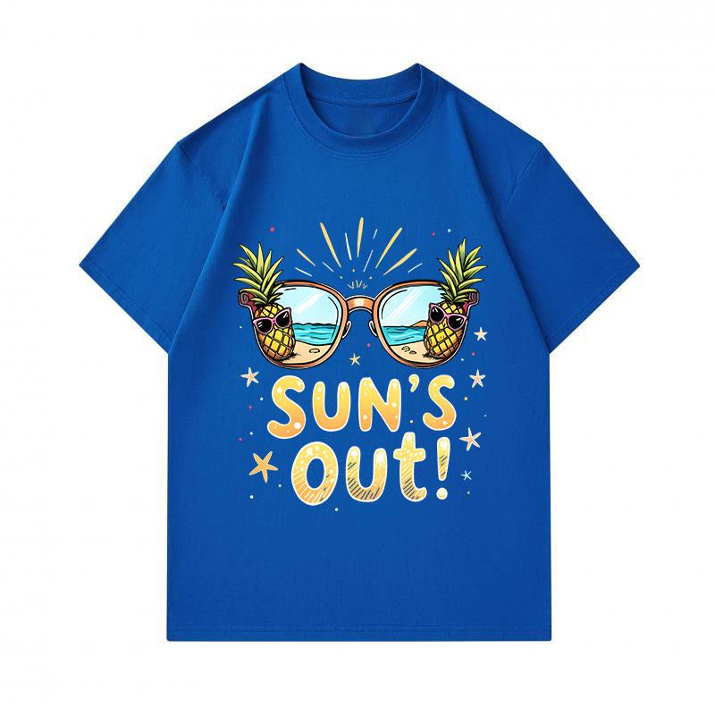 Men's 100% Cotton Crew Neck Short Sleeve T-Shirt, Funny Sun's Out Pineapple Sunglasses Beach Printed Casual Summer Holiday Tee Tops