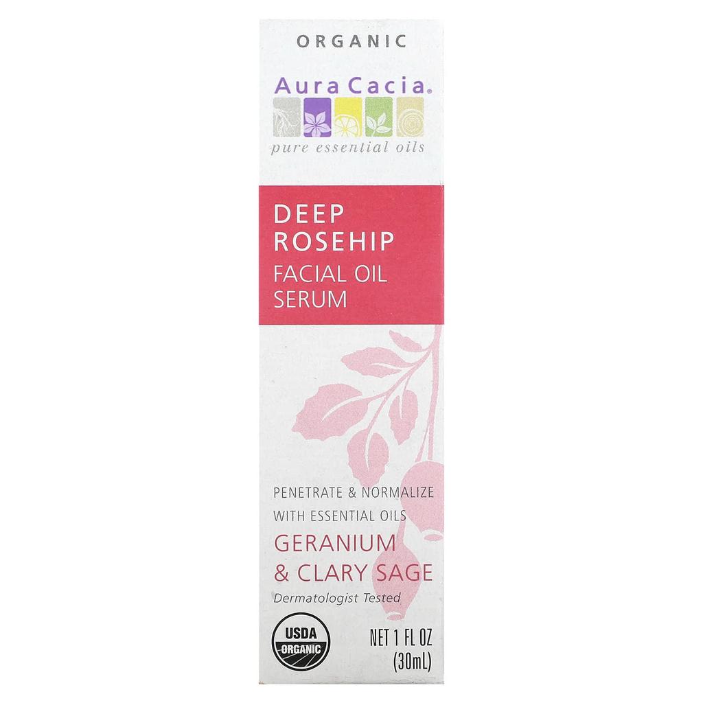 Organic Deep Rosehip Essential Facial Oil Serum, Geranium & Clary Sage, 30 Ml (1 Fl Oz)