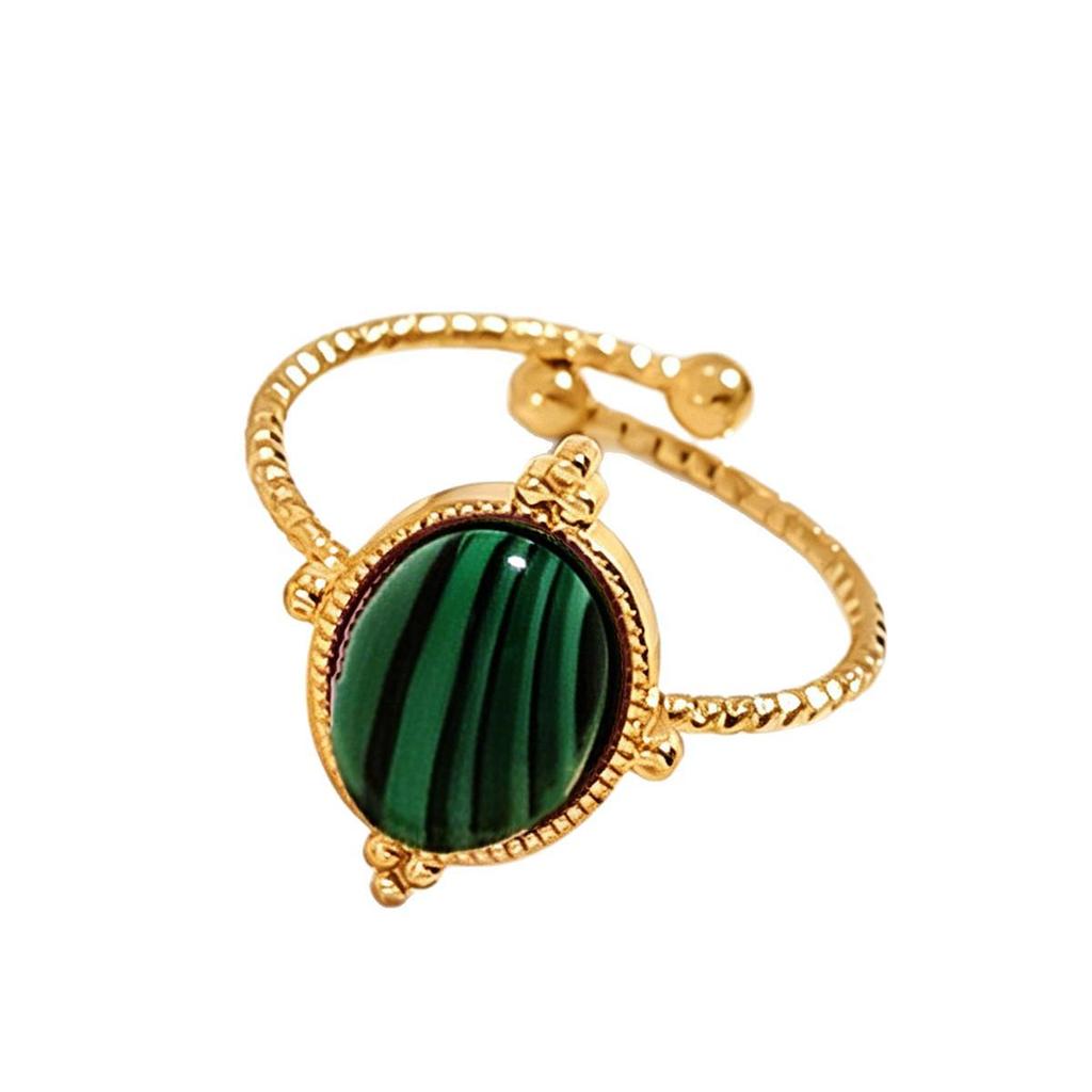 European & American Stainless Steel Retro Geometric Gemstone Ring - Adjustable Open Design for Women