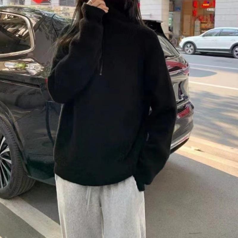 Autumn Winter Stand Collar Loose Casual Zipper Pullover Sweater Women Solid Color All-match Bottomed Knitting Top