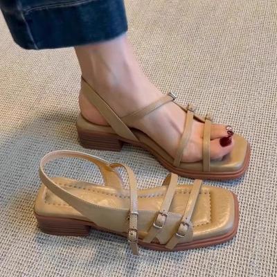 Fashion Sexy Women Heeled Sandals Designer Mid Heels Shoes Summer New Fad Square Toe Shallow Shoes 2025 Trend Elegant Chunky Lady Shoes