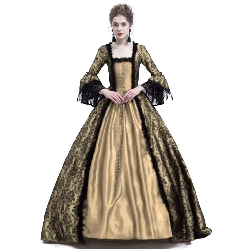 Medieval Gothic Maxi Dress for Women Renaissance Lace Square Neck Flare Sleeve Cosplay Gown