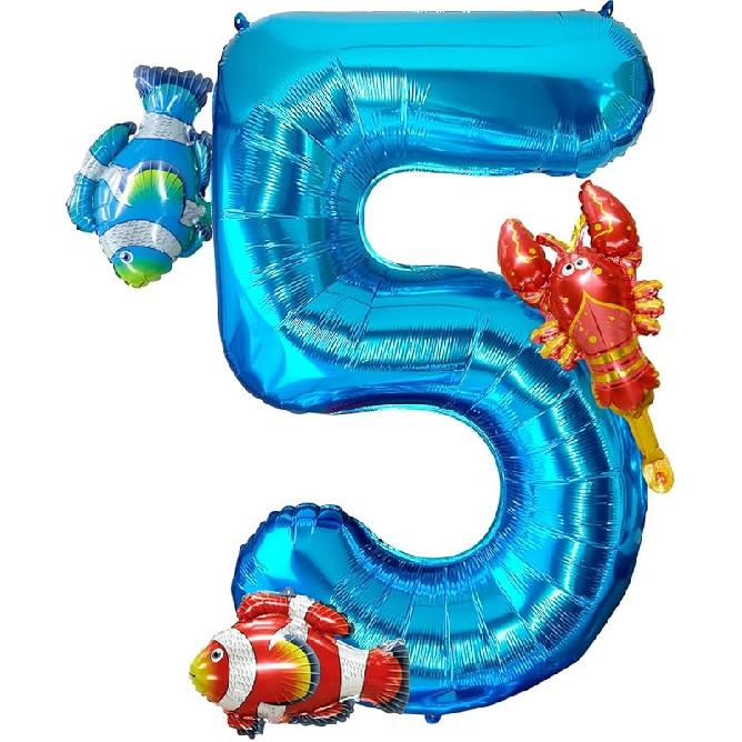 40 Inch Under the Sea Blue Number 1 Balloon, Mini Sea Animal Balloons Ocean Animal Foil Balloon, Fish Crawfish Balloons for Boys Girls Ocean Theme