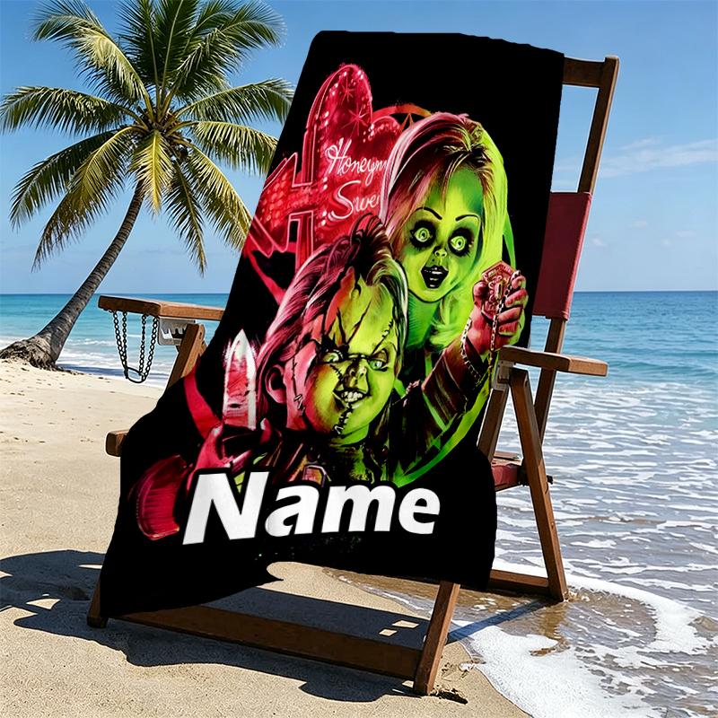 Custom Name Personalized Bride of Chucky Print Beach Towel, for Trip Camping Beach Party Home Decor, Birthday Gift for Family & Friends