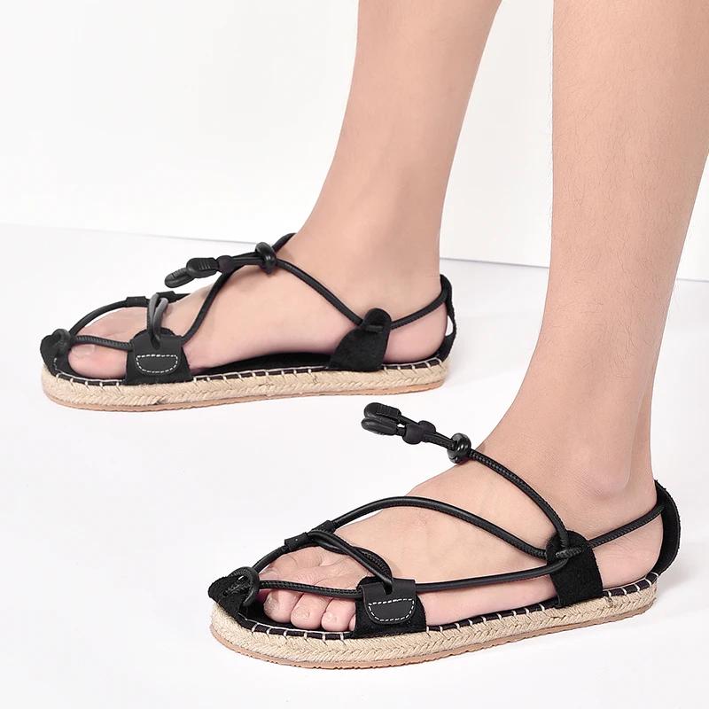 2024 Style Retro Cowhide And Weaved Straw Sandals Men New Brand Summer Fashion Breathable Comfy Casual Leather Straw Slippers