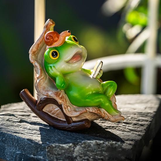 Garden Frog Figurine Frog Reading A Book on Rocking Chair Statue Resin