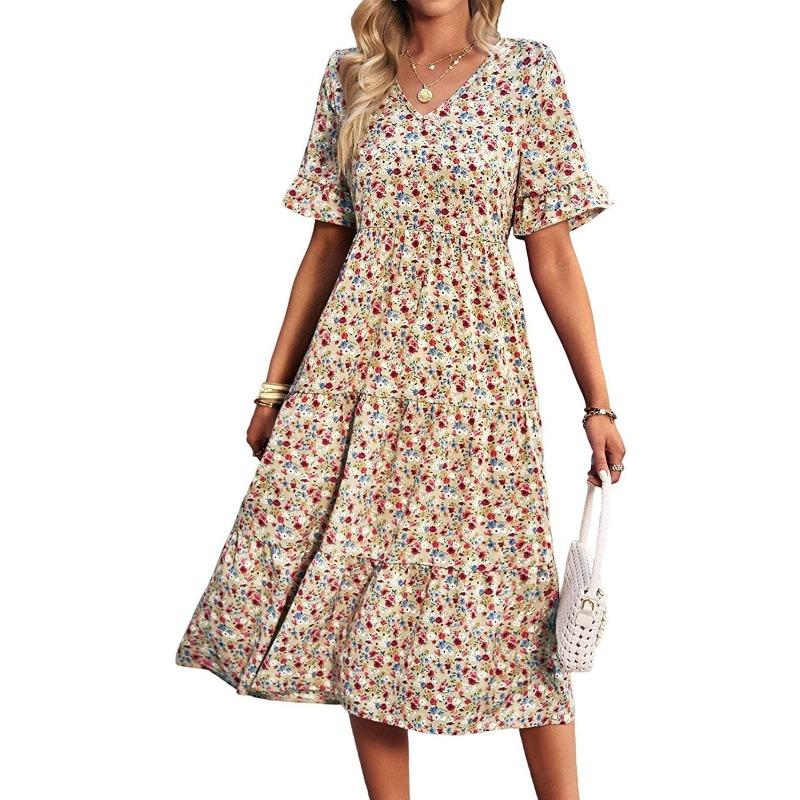 

Женская мода лето весна цветочный узор принт с коротким рукавом V-образным вырезом с высокой талией повседневные платья XL абрикосовый