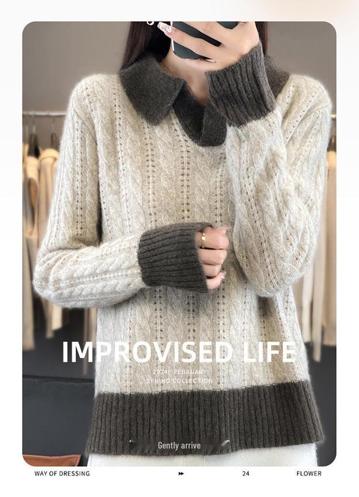 Women's V-Neck Color Block Wool Sweater - Autumn/Winter 2024, Thick Cable Knit, Short Sleeve