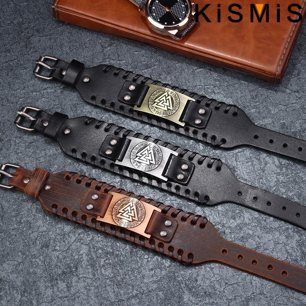 Scandinavian Punk Leather Cuff Bracelet Nordic Amulet Gothic Wristband for Men Stylish Fashion Jewelry Accessory