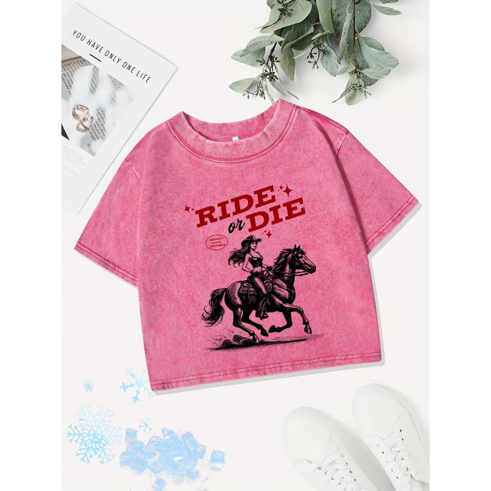 Casual Cotton Crop Tops Womens Western Cowboy Girlprinting Washed T-Shirts O-Neck Regular Fit Streetwear Sexy Clothes