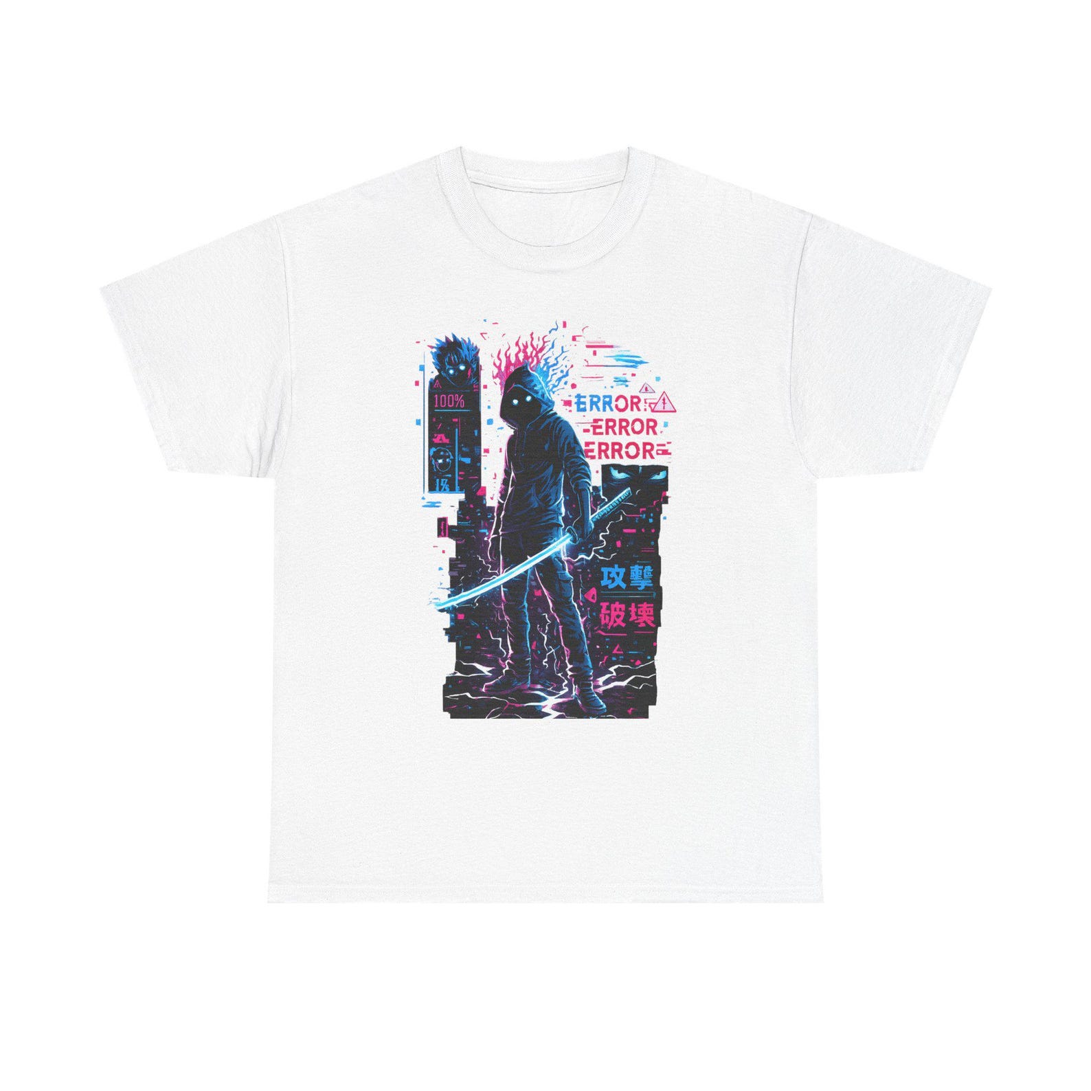 Cyberpunk Samurai ERROR Tee | Neon Glitch Graphic T-Shirt 3XL