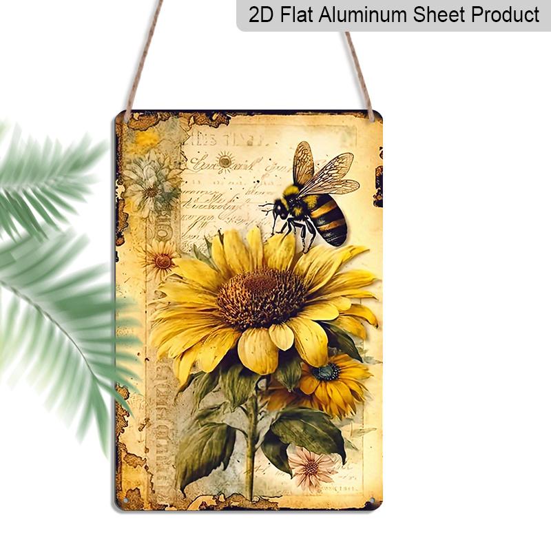 2D Flat 1pc Metal Aluminum Sign, Sunflower and Bee Metal Sign, 8X12 Inch/ 30X20 Cm, Vintage Plaque Decoration Wall Art, Wall Decoration, Room 20*30cm