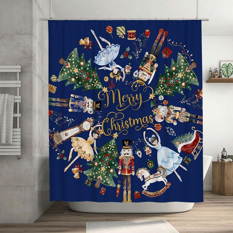 

Blue Christmas Shower Curtain With Big Plaid Bow, Features Nutcracker, Ballerina, Sleigh And Tree For Festive Bathroom Joy W60H190(CM)-1 Pcs