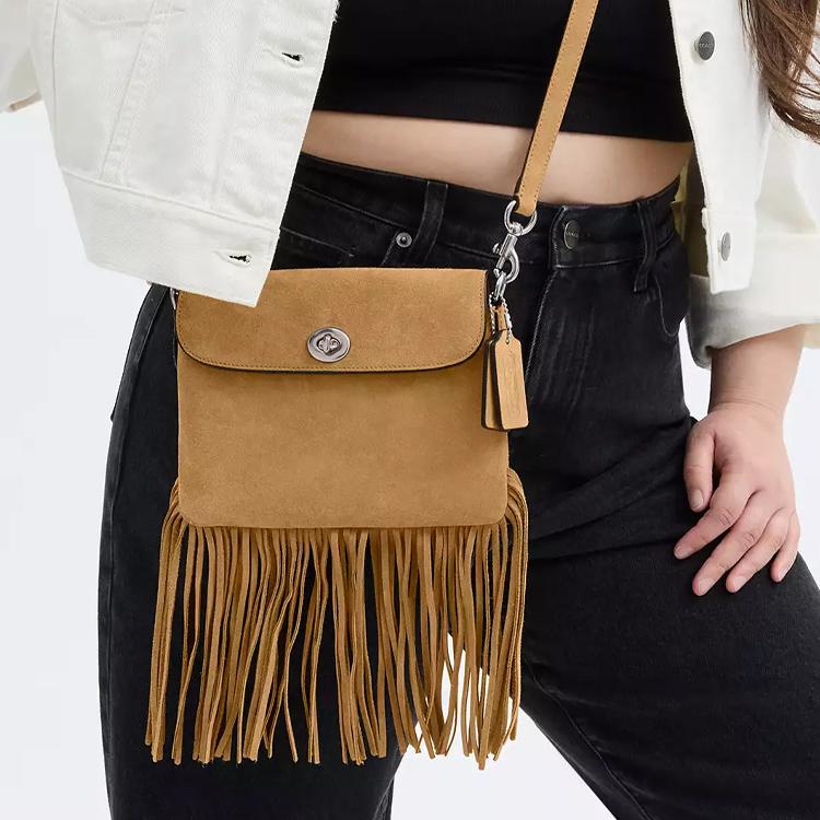 Coach 1964 Fransen 20 Verschluss Wildleder Leder Quaste Handtasche Damenhandtaschen Silber Beige CU034-LHNM5