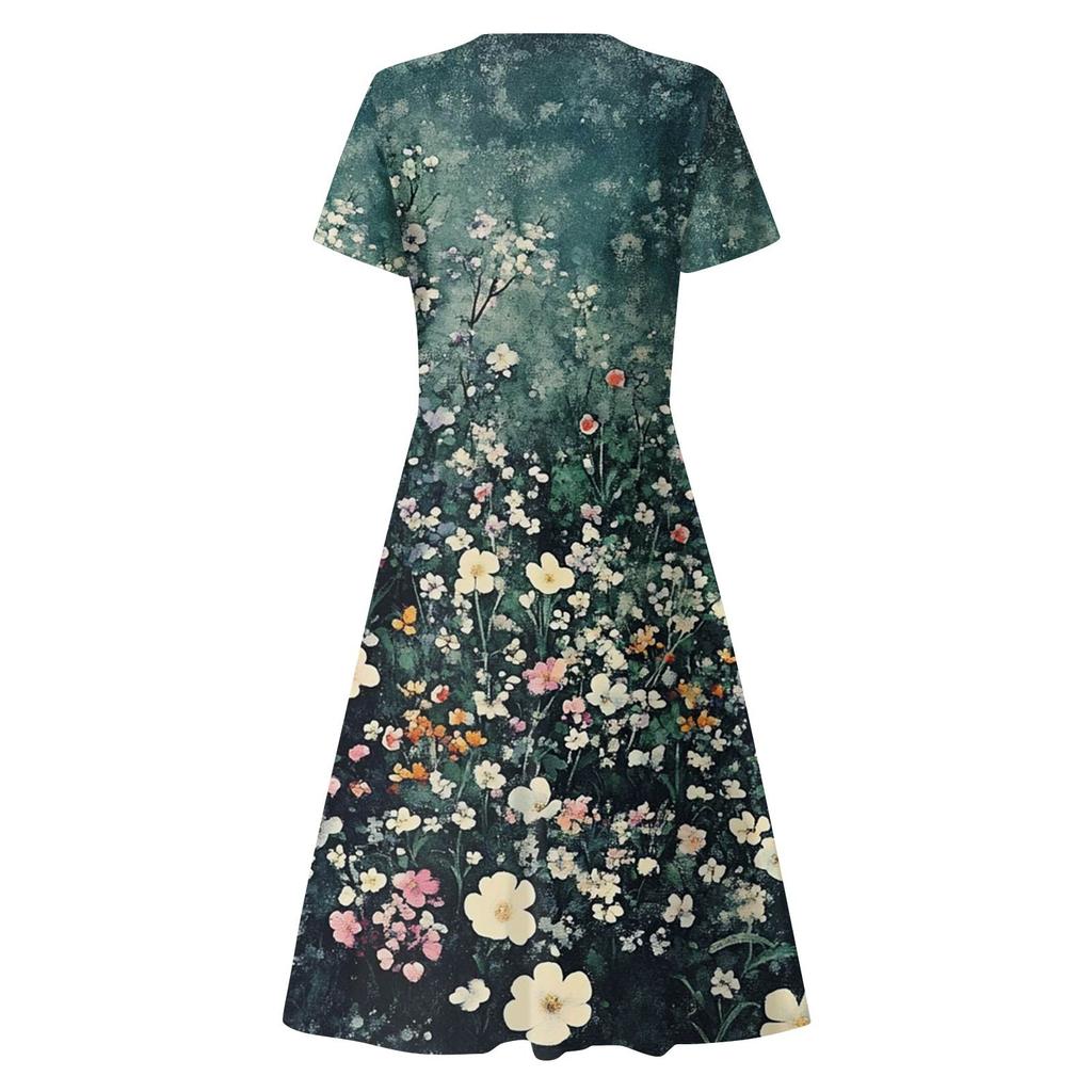 Women's Summer Casual Fashion Print Pocket Short Sleeve V-Neck Swing Dress