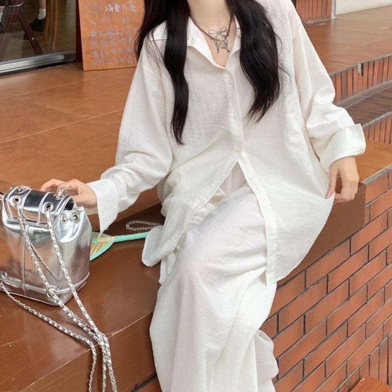 Casual suit medium and long temperament shirt women s clothing 2026 summer new high-waisted wide-leg pants floor pants two-piece set S