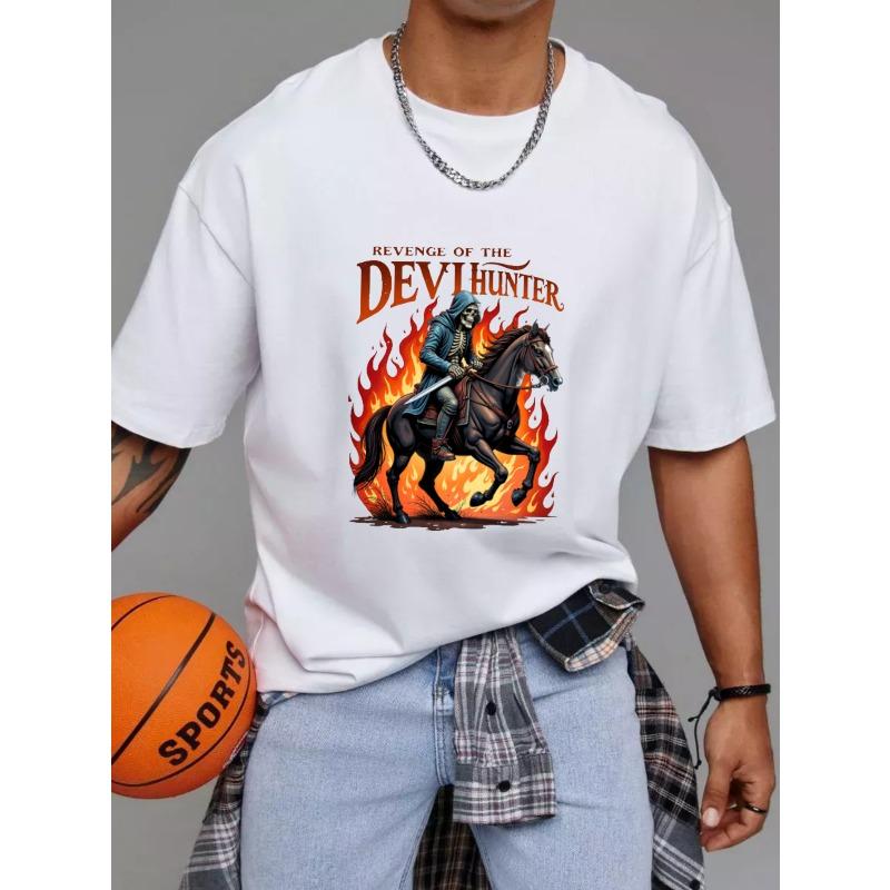 T Shirt White Revenge of The Devil Hunter Skeleton On Horse with Flames Graphic for Casual Wear
