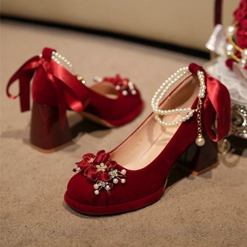 Fashion Red Wedding Shoes, Two-wear Wedding Dress, Mary Jane's Thick and High Heel Women's Shoes 2025 New Style