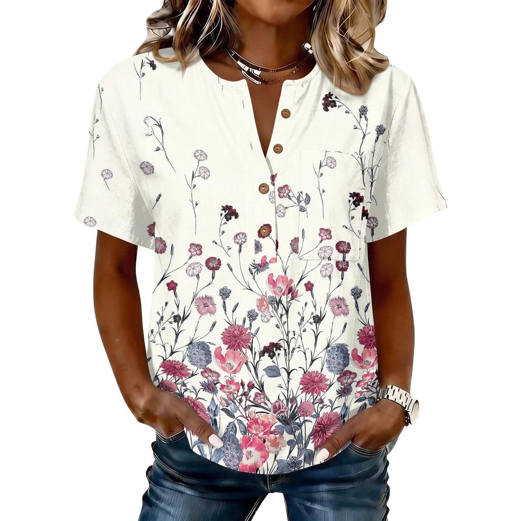 Women’s Vintage Floral Print Cotton Linen Shirt Short Sleeve Henley Neck Button Front Chest Casual Blouse Top