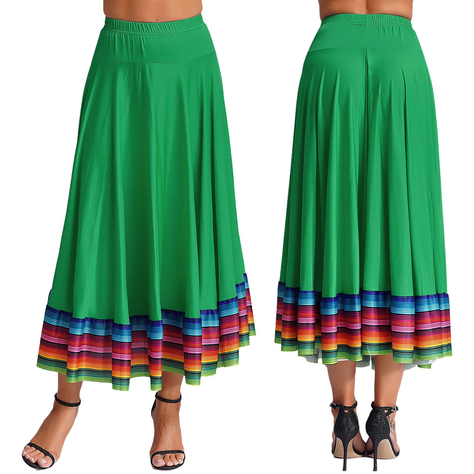 

Womens Colorful Stripe Hem Skirt Elastic Waistband Flamenco Ballroom Dance Folk Dancing Stage Performance Skirt 4XL