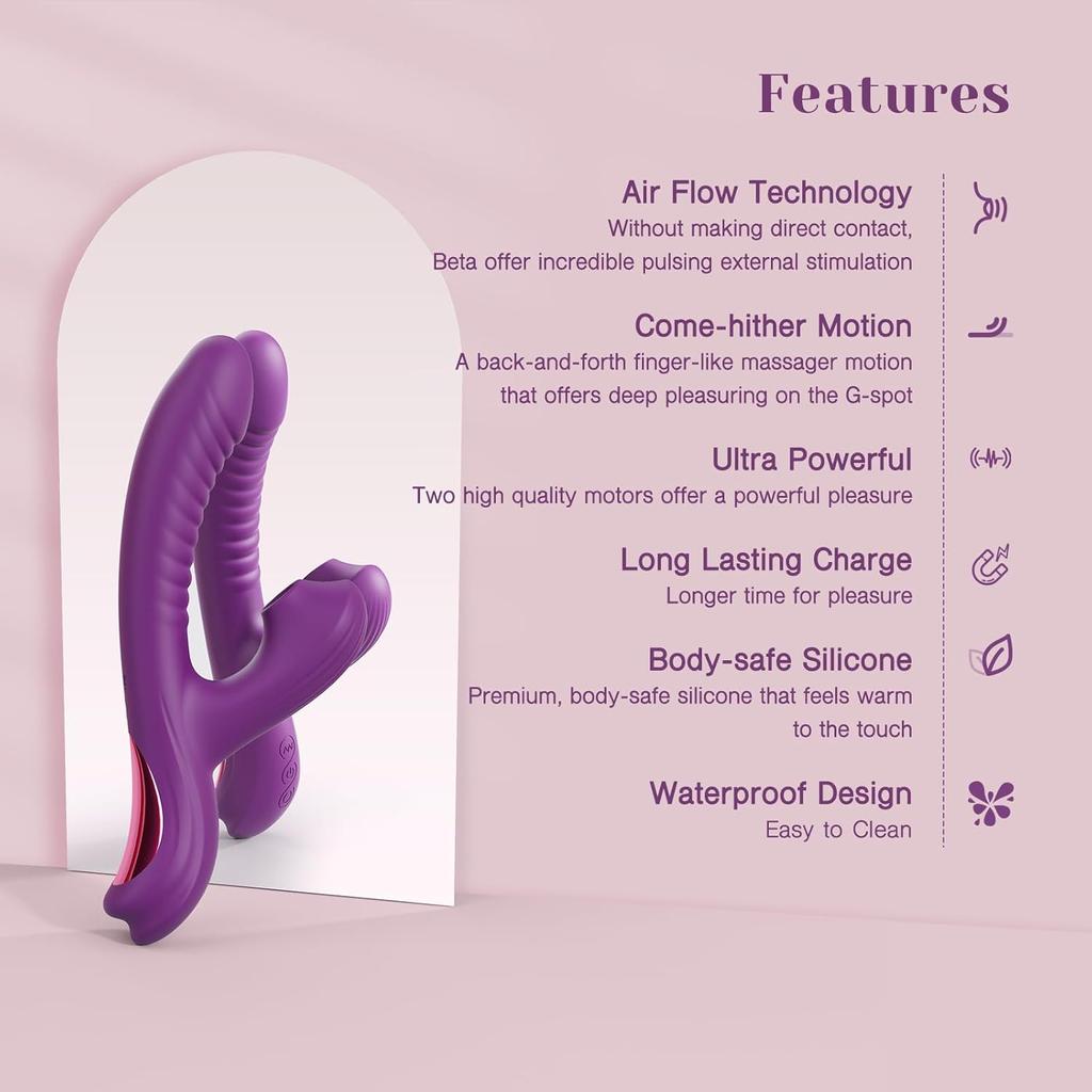 Rabbit Sucking Vibrator for Clitoral G Spot Stimulation, Adult Sex Toys, Vibrating Finger Massager with 3 Suction and 10 Vibration & Come-Hither Modes