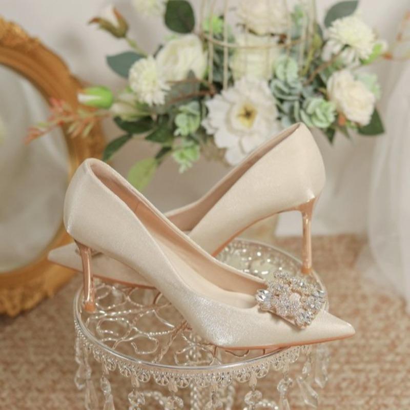 Champagne Colored High Heels Wedding Shoes for Women 2025 New French Cloth Surface Rhinestone Pointed Toe, Slim Heel Shoes Women