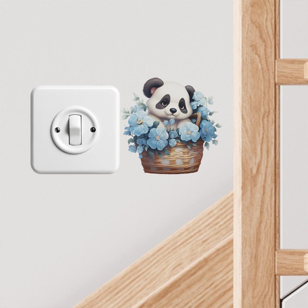 Playful Panda with Flower Basket Switch Plate Sticker Removable Self-Adhesive Decal for Bedroom Living Room Home Decor