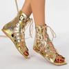 Gold Summer Gladiator Sandals Booties Flats Cut Hollow Out Studs Punk Square Head Sandals Ankle Boots Casual Shoes Woman Zapatos