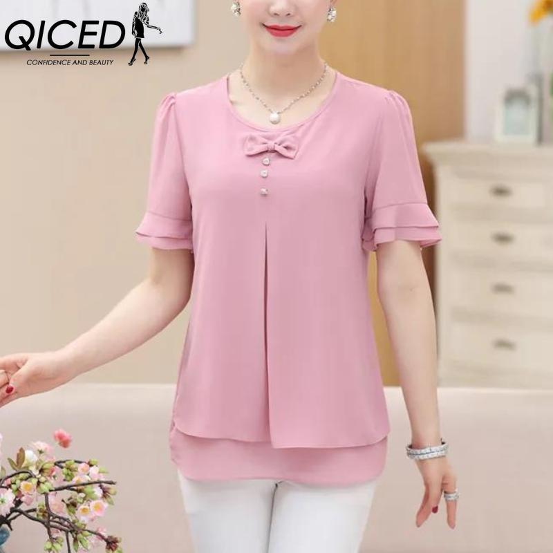 QICED Women's Fashion Casual Solid Color Print Short Sleeve O Neck Blouses & Shirts