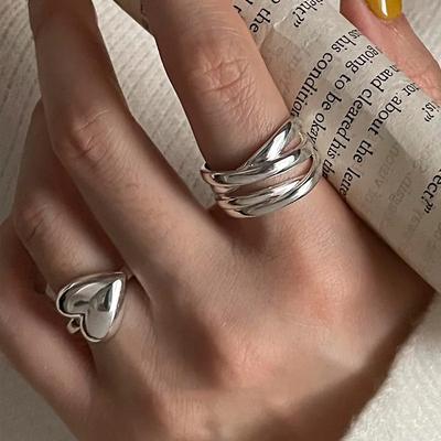 VENTFILLE Stamp Silve Color Love Heart Overlapping Ring for Women Girl Birthday Gift Irregular Hip Hop Fashion Jewellery