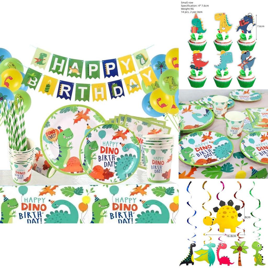 Colorful Cartoon Dinosaur Party Birthday Supplies Tableware Plates Cups Banner Set
